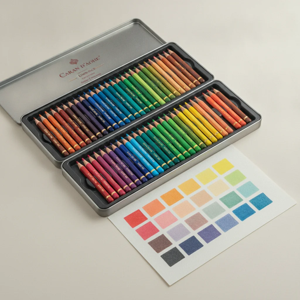 Coffret crayons de couleur Caran d Ache Luminance dore sur fond blanc avec chutes de couleur
