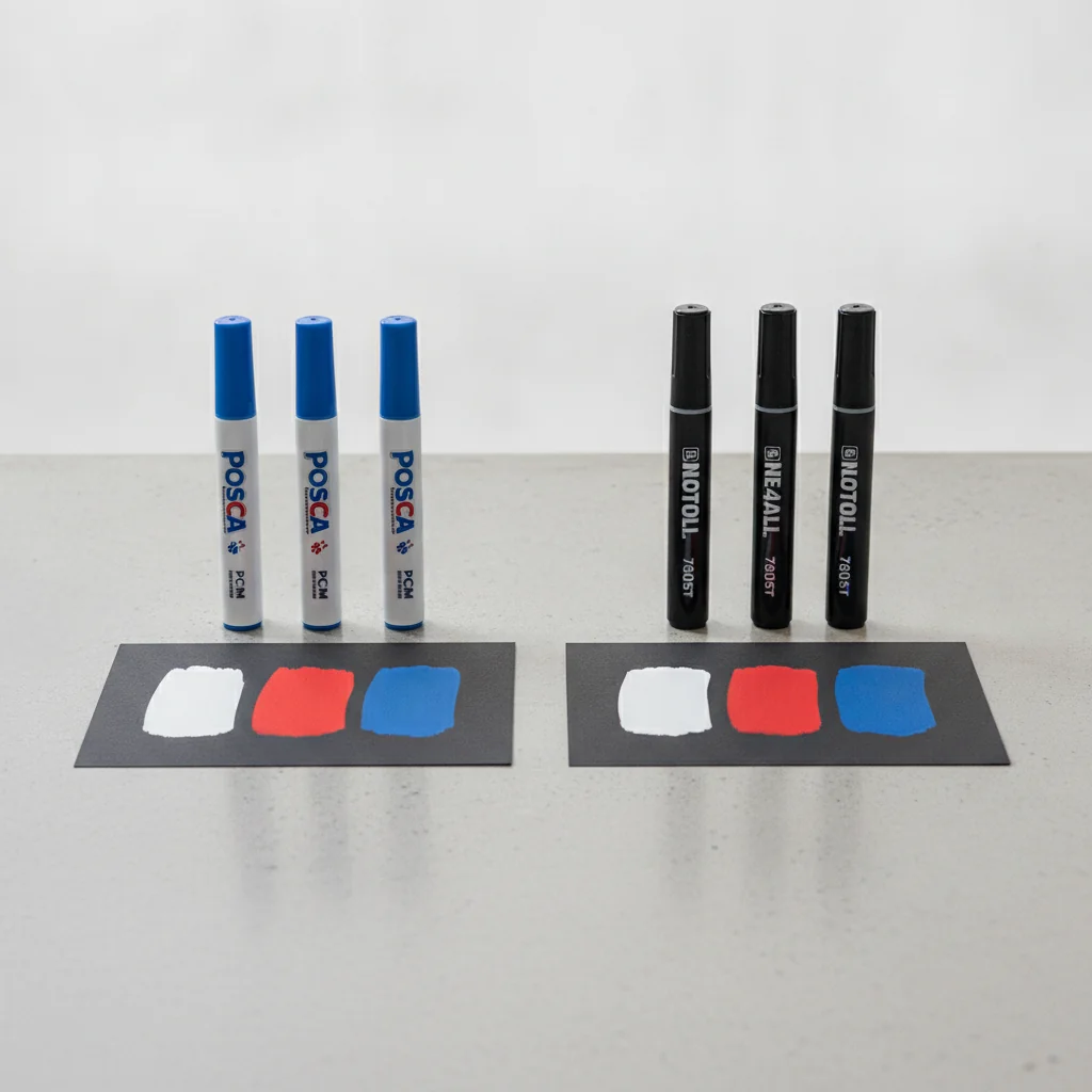 Alignement de marqueurs Posca et Molotow avec swatches de couleur sur surface noire