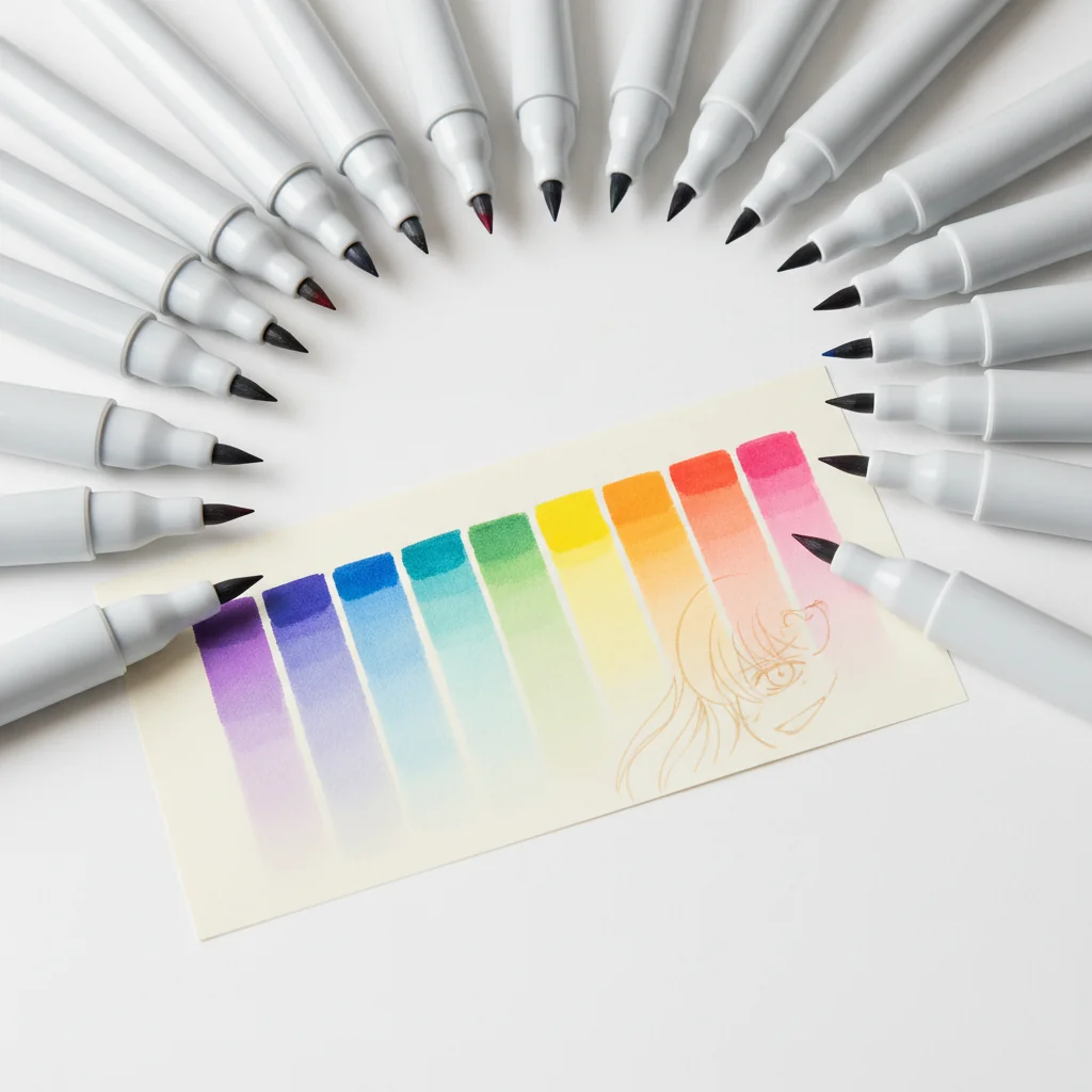Marqueurs a alcool double pointe ranges en eventail sur fond blanc avec lavis colore