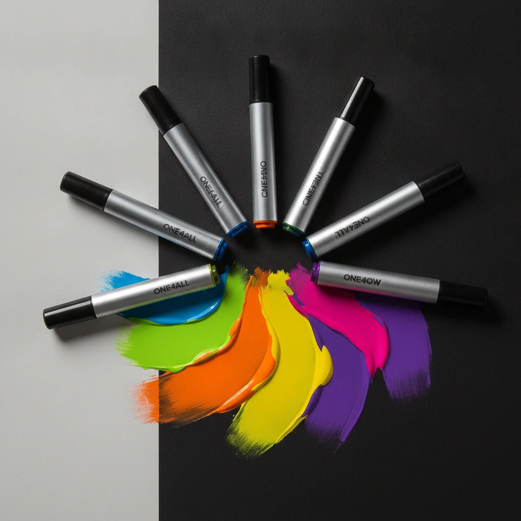 Marqueurs Molotow ONE4ALL alignes sur une surface noire avec trait de peinture acrylique